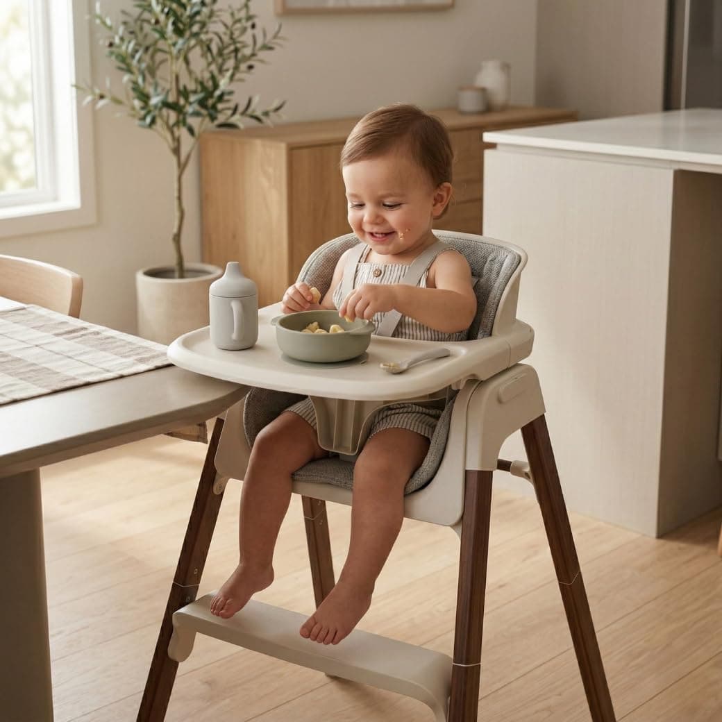 Venture Neyo 2-in-1 Foldable High Chair for Baby and Toddler, Convertible Baby Highchair with Wood Effect Legs, Removable Tray & Cushion, 5 Point Harness, Compact Folding (Beige) — view 2