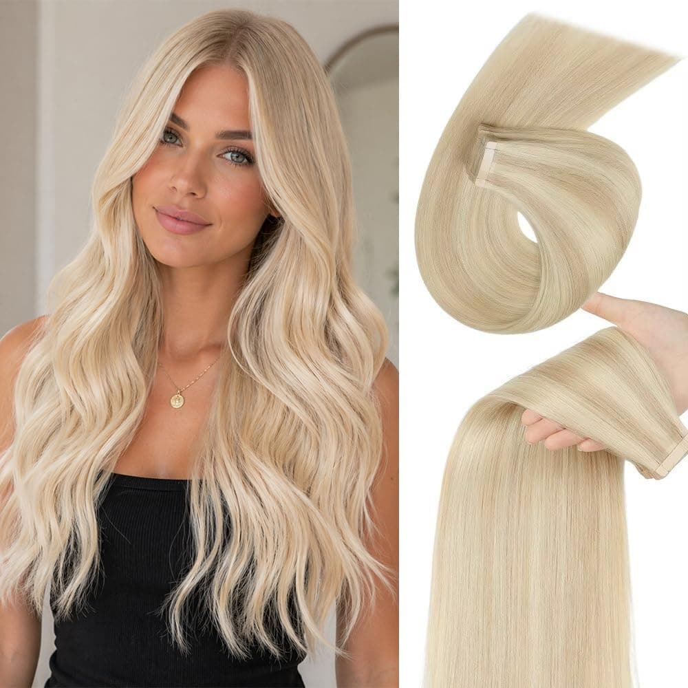 YDDM Extensiones adhesivas de pelo real, 20 unidades, 35 cm, 40 g, rubio ceniza con rubio blanqueador, rubio oscuro, extensiones de pelo rubio oscuro, extensiones de pelo de color rubio oscuro (14