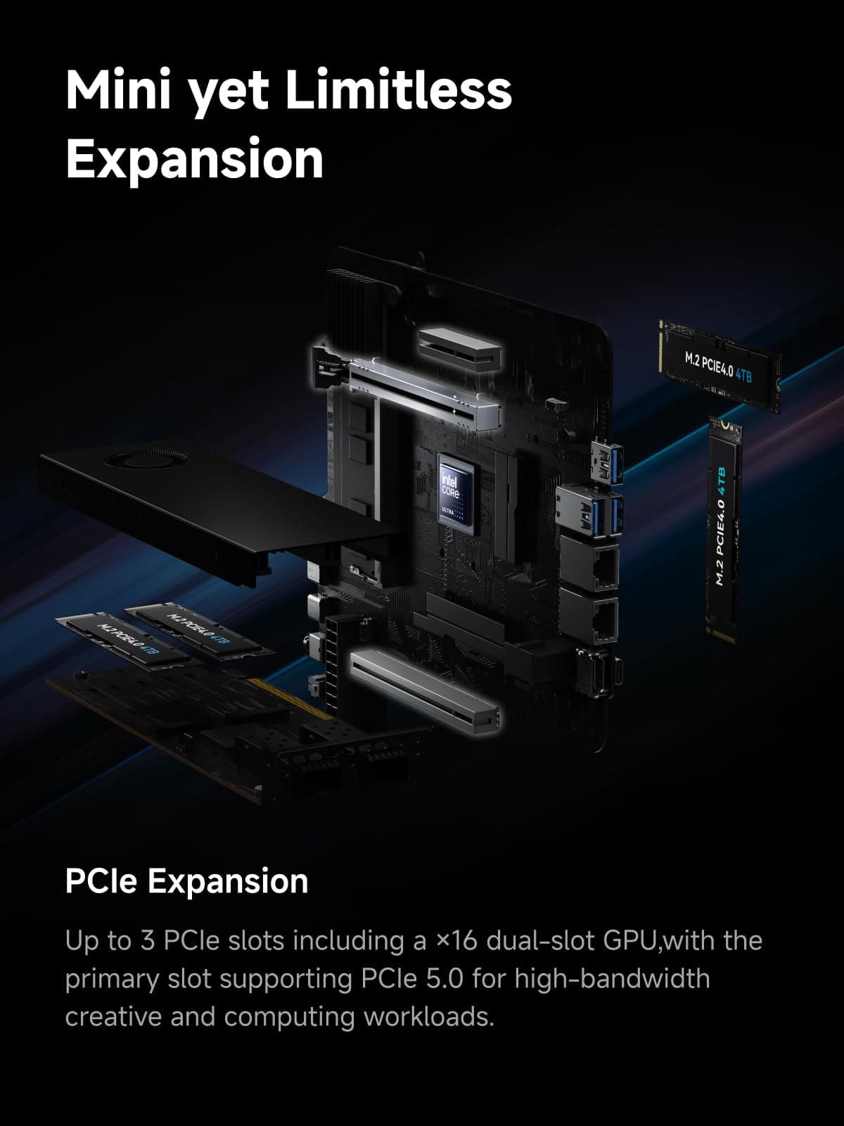 MINISFORUM MS-02 Ultra Workstation Mini PC, Intel Core Ultra 9 285HX (24C/24T, up to 5.5GHz), PCIe 5.0 x16, 4× DDR5 Slots, 4× M.2 Slots, USB4 v2 80Gbps, Dual 25GbE+10GbE+2.5GbE, Wi-Fi 7, 350W PSU — view 5
