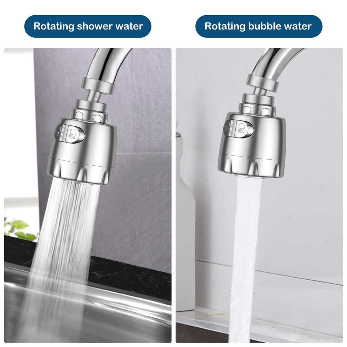 Vinabo Aireador para grifo, 360 °, giratorio, fregadero, de ahorro hídrico, con filtro regulador de cabezal y boquilla para cocina baño, 2 modos, Plata — view 4