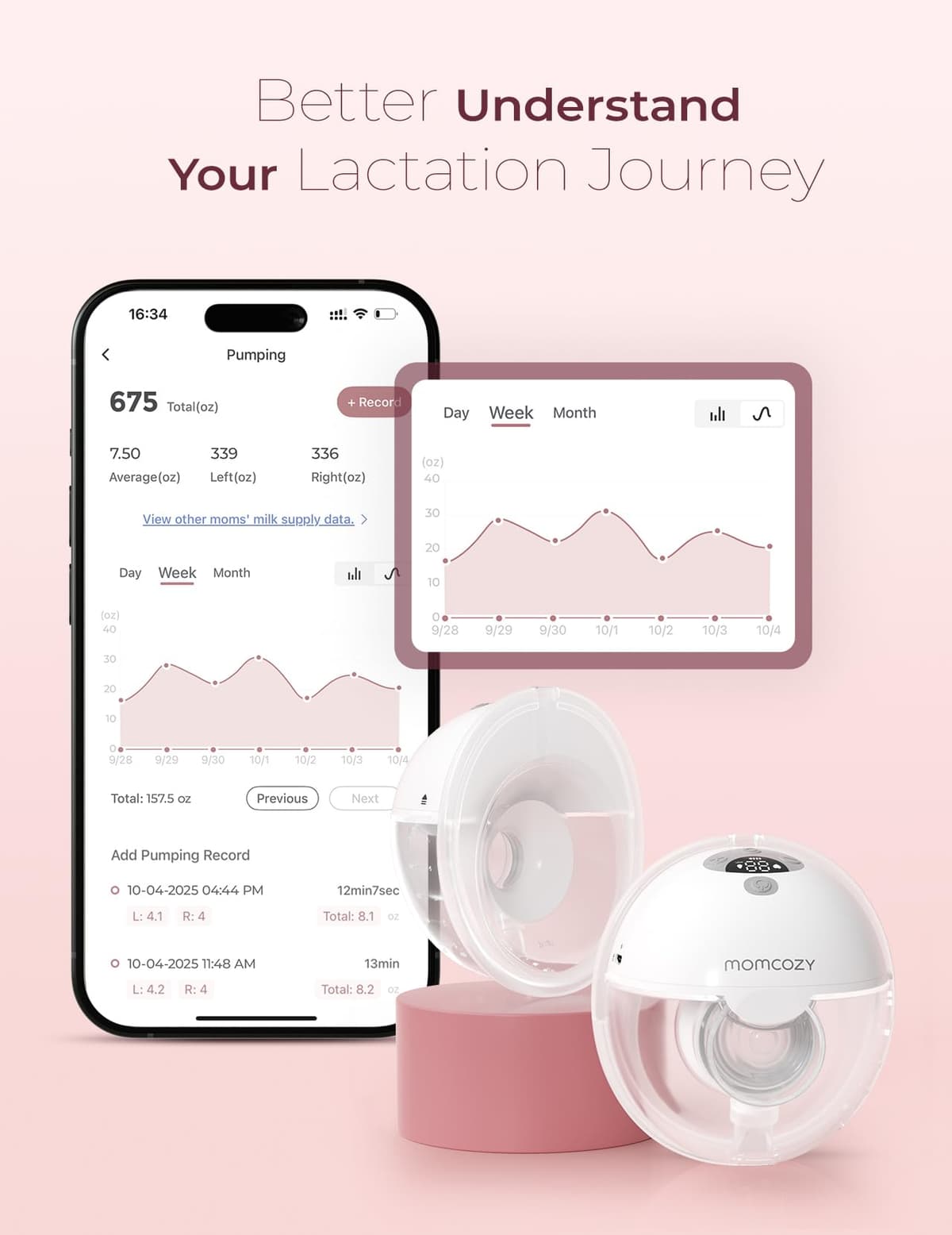 Momcozy M5 Smart Breast Pump, APP Controlled Wearable Hands‑Free Electric Pump, 3 Modes 9 Suction Levels, Portable Lightweight Pump, 24mm Flange, 1 Count, Quill Gray — view 3
