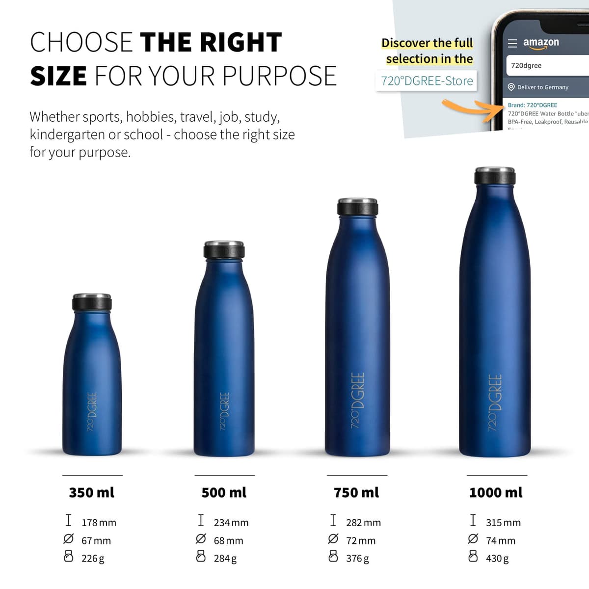 720°DGREE Botella Agua Acero Inoxidable “milkyBottle“ – 1litro - Sin BPA Free, Antigoteo y Prueba de Fugas - Frasco térmico, Cantimplora Aislada - Bebida con Gas, Deporte, Escuela, Gimnasio Exteriore — view 3