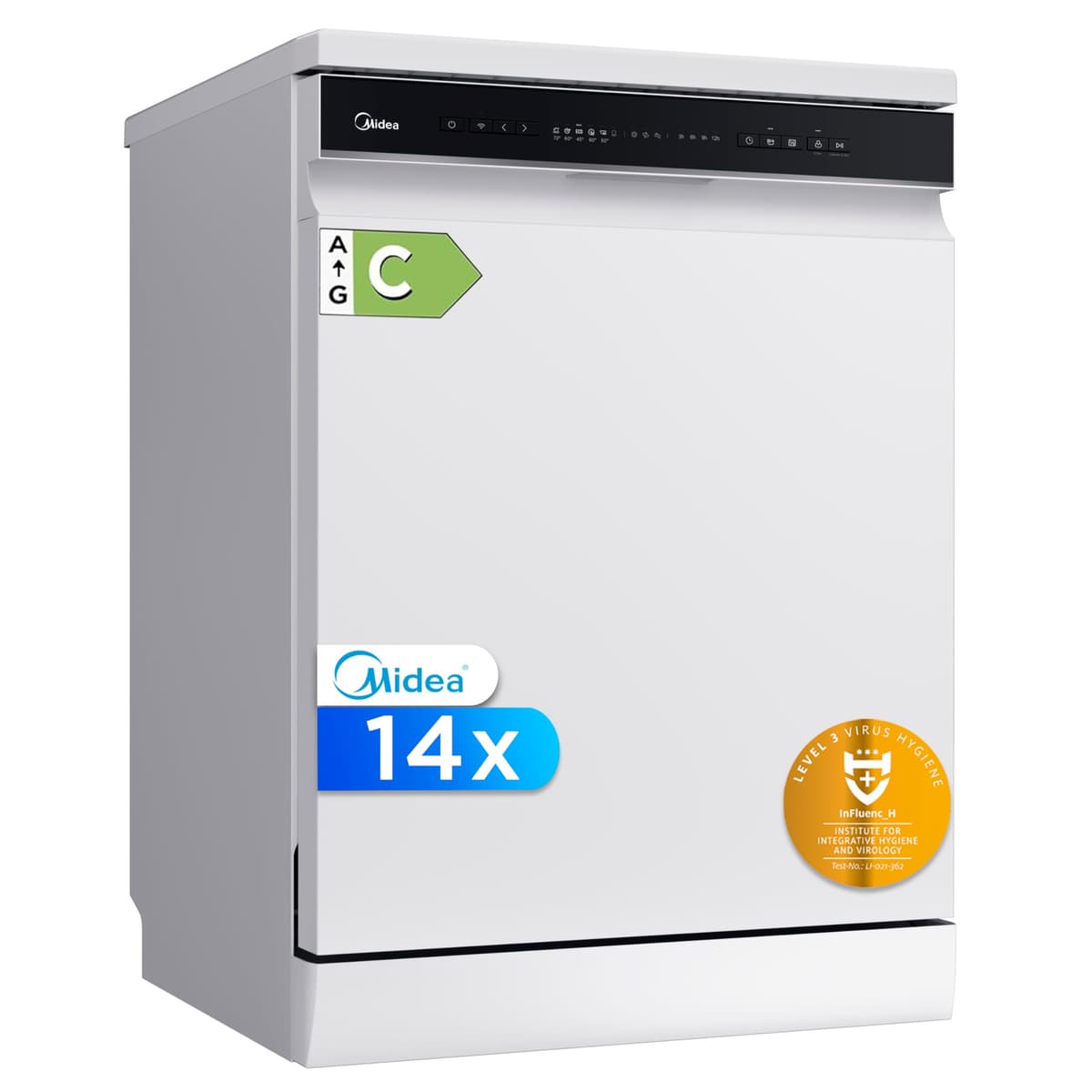 Midea Lavavajillas 60 cm+++ Blanco para 14 servicios - Lavaplatos libre instalación - Compacto con 10 Programas de Lavado integrable - Filtro Antibacterias y Programación Horaria Nuevo Modelo