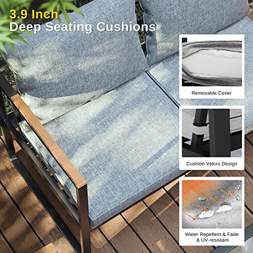 EAST OAK Courtyard Patio Furniture Set, 4-Piece Outdoor Patio Set with Sofa, Removable & Washable Deep Seating Cushion, Tempered Glass Table, Outside Patio Conversation Sets, Black & Grey — view 2