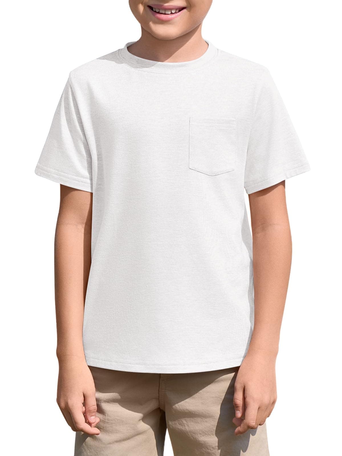 Haloumoning Camiseta de manga corta con cuello redondo para niños, para verano, lisa, ligera, ajuste regular, camisetas deportivas, informales, básicas, con bolsillo en el pecho, 5-14 años — view 8