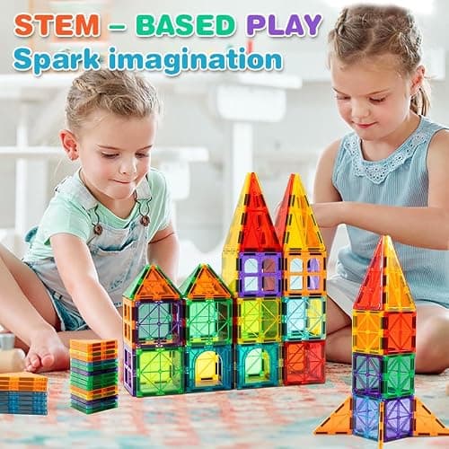 Magnetic Tiles, 122PCS Magnetic Building Blocks with 2 Cars, Large Magnet Building Set,STEM Sensory Educational Toys Gift for Toddlers Kids Boys Girls.