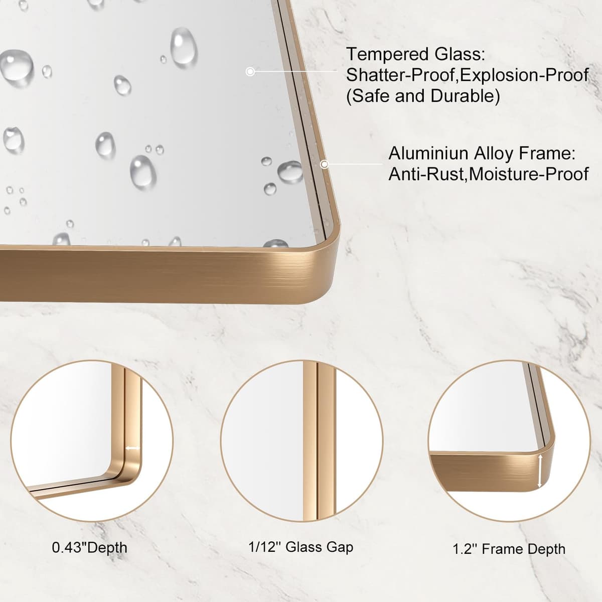 LOAAO 48”X36” Gold Bathroom Mirror, Rounded Rectangle Gold Frame Mirror, Brushed Gold Bathroom Vanity Mirror Wall-Mounted, Anti-Rust, Tempered Glass, Hangs Horizontally or Vertically — view 5