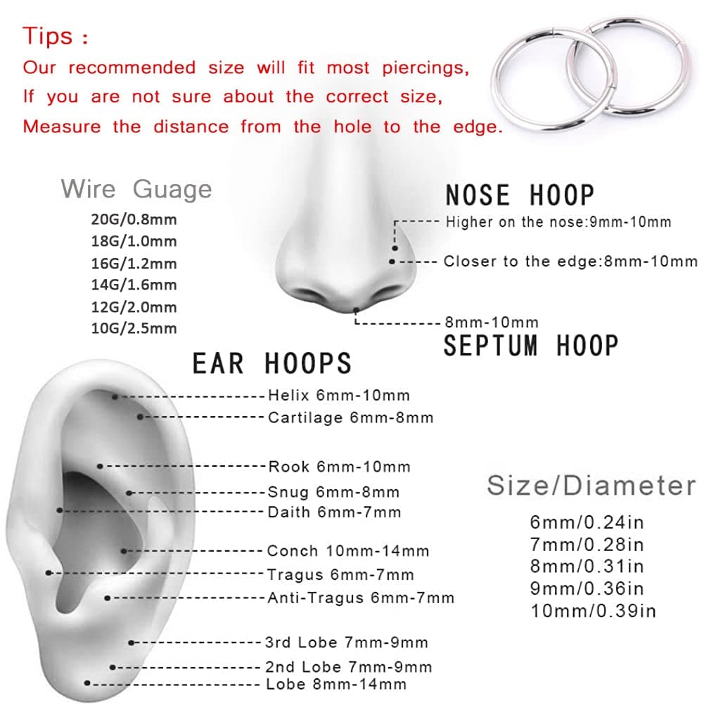 Afftiny Nose Ring Septum Hoop 20G/18G/16G/14G/12G 316L Surgical Stainless Steel Hinged Seamless Earrings, Diameter 5MM-16MM, Gold/Silver/Black/Rose Gold/Rainbow Color — view 5