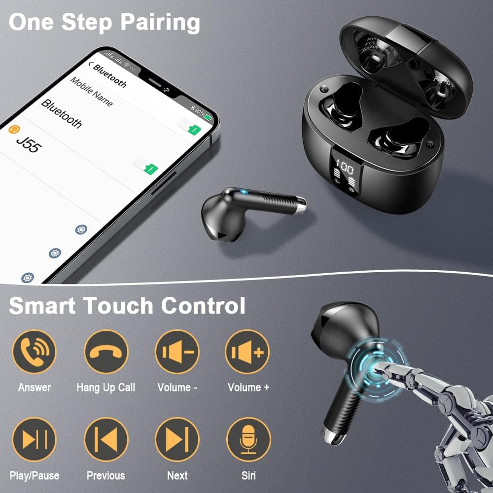 Wireless Earbuds, Bluetooth 5.4 Headphones in Ear NEW Wireless Earphones with 4 ENC Mic, Mini Ear buds with HiFi Stereo Deep Bass, 56H Playtime Dual LED Display, Bluetooth Earbud IP7 Waterproof USB-C — view 7