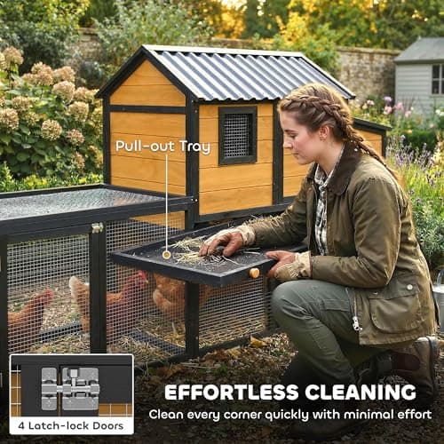 PawHut Large Chicken Coop, 134" L Wooden Chicken House with Run, Nesting Box, Slide-Out Tray, Waterproof Roof and Ramp, Hen House Rabbit Hutch for 4-6 Hens, Rabbits, Yellow — view 4