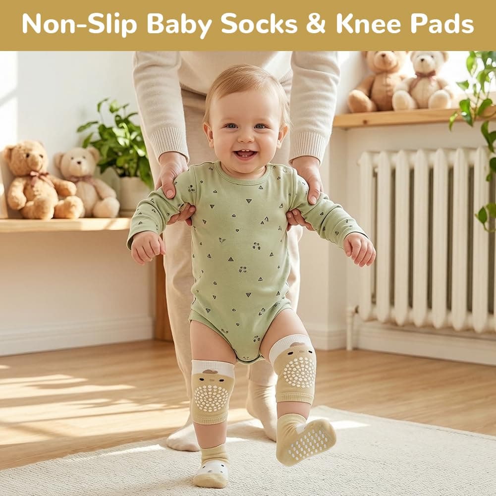 AOOTE Juego de 3 pares de rodilleras para bebés y 3 pares de calcetines para gatear, con puntos de goma, para niños y niñas — view 7