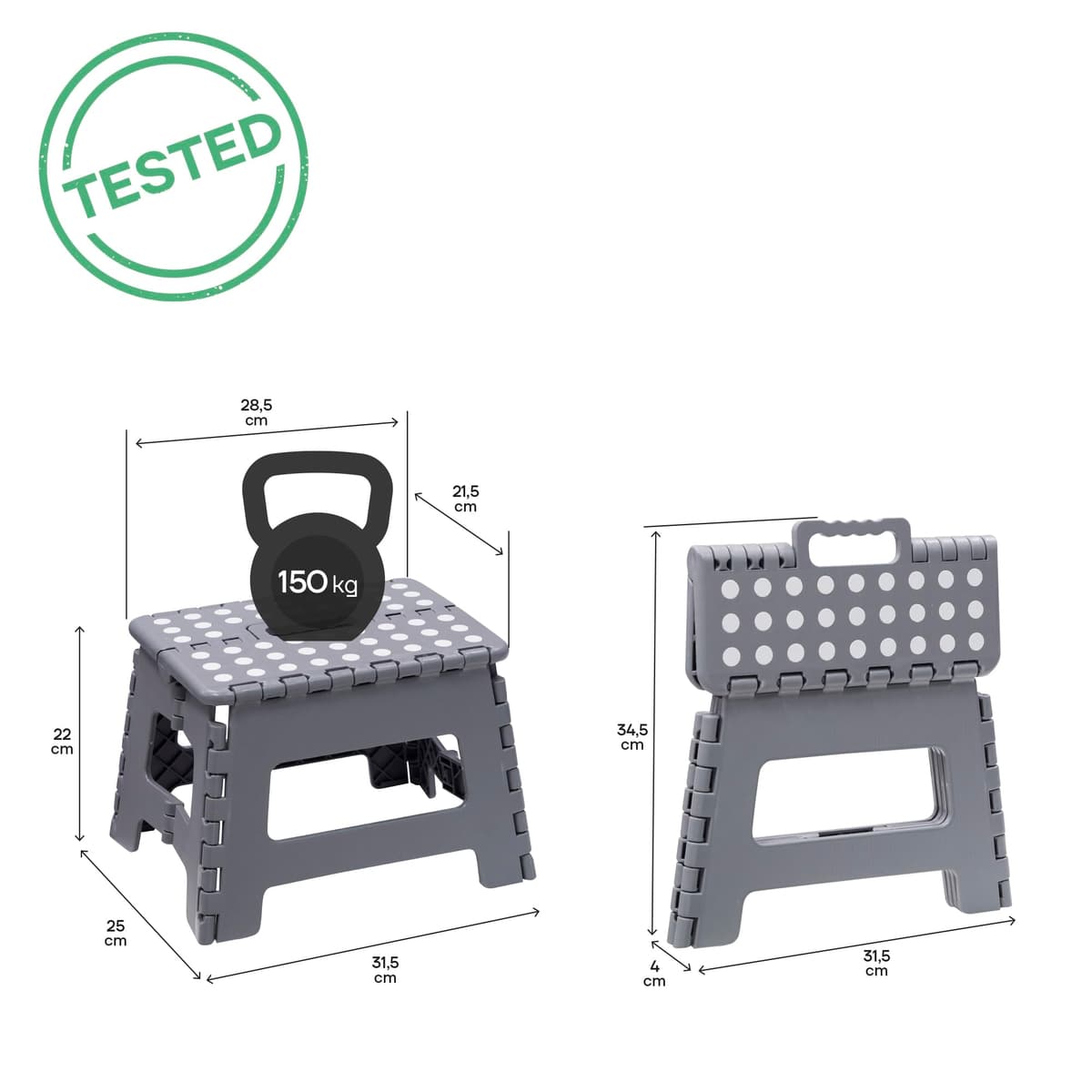 ARREGUI TB-022-G Taburete Plegable Cocina o Baño | Escalera Plegable Pequeña | Taburete Infantil | Banqueta Baño | Escalón Plegable para Adultos y Niños (hasta 150Kg) | 22 cm de Altura | Gris — view 2