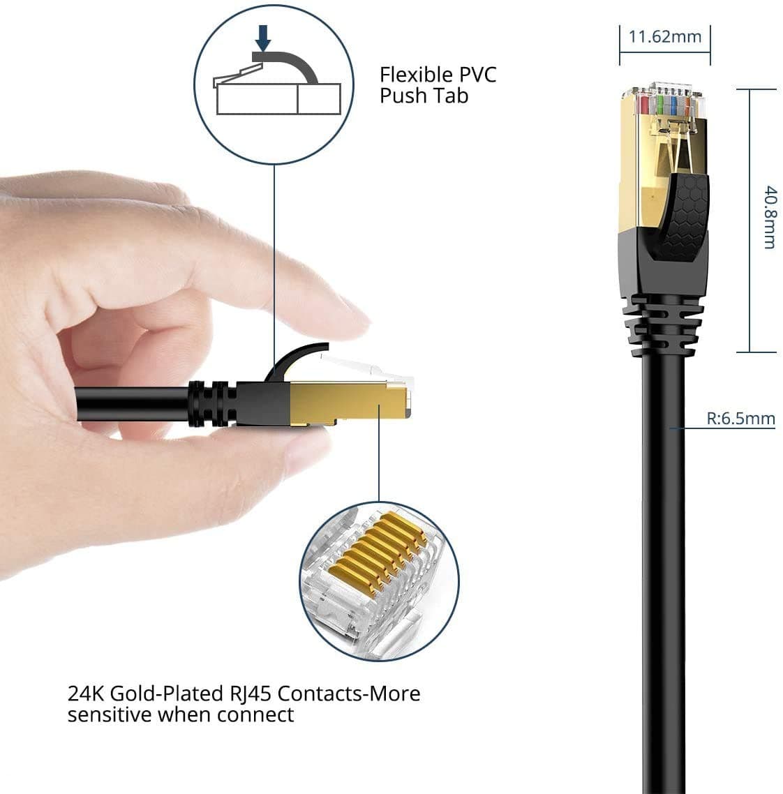 VEEtOP Cable Ethernet Cat 8 de Red con Conectores rj45 Oro para 40 Gigabit Internet LAN 2m Negro — view 6