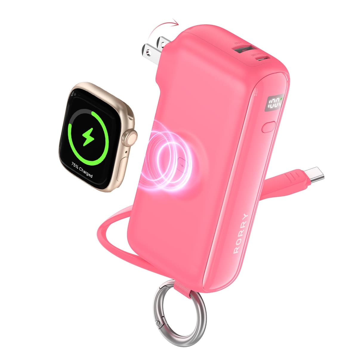 RORRY Flow Portable Charger, 10000mAh 40W Fast Charging Power Bank with Built-in USB C Cable and Foldable Wall Plug, Battery Pack Travel Essentials for iPhone 17/16/15, Apple Watch, iPad, MacBook — view 12