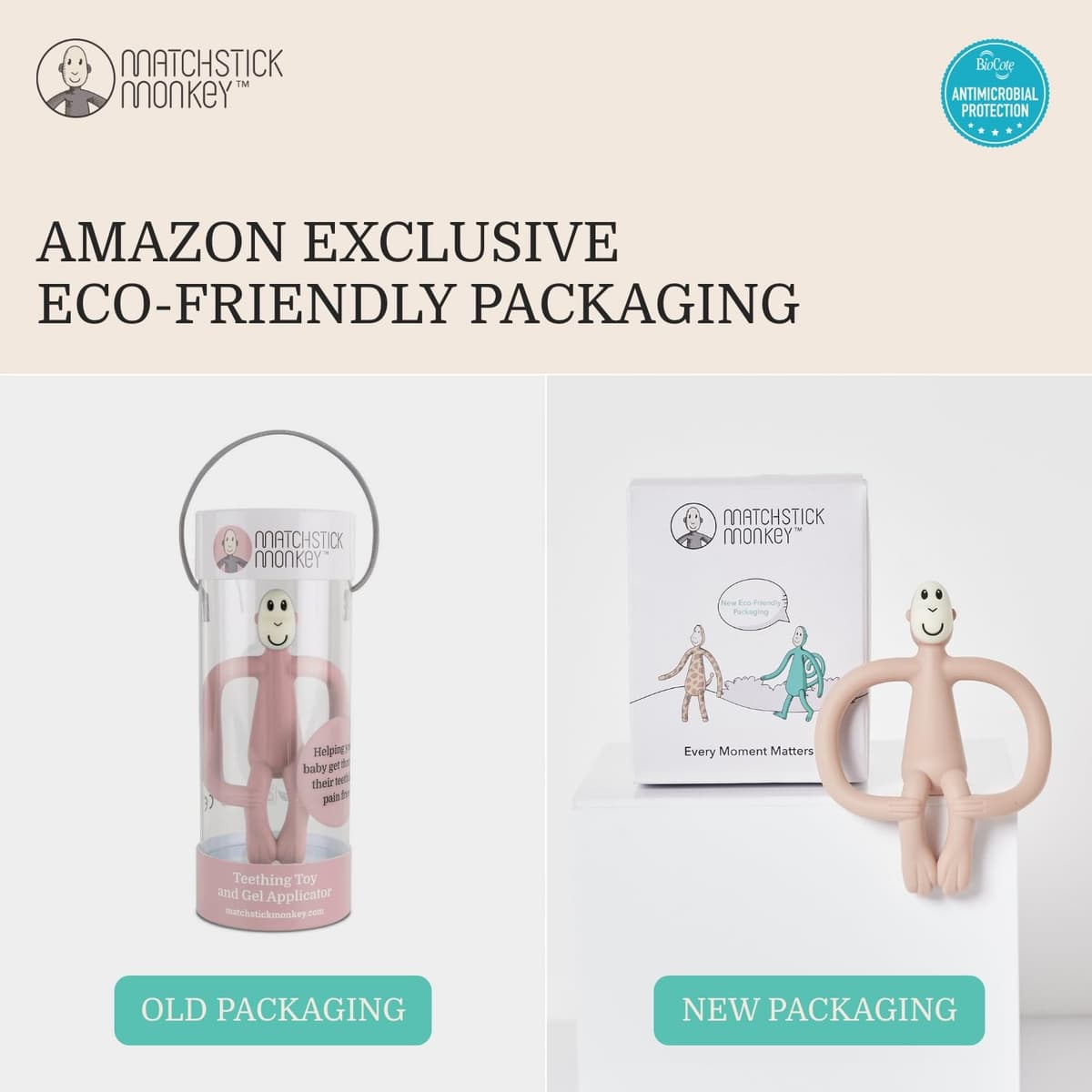 Matchstick Monkey, Original Teether & Gel Applicator, Antimicrobial Silicone Teething Toys for Baby, Easy to Grip, BPA Free, 3 Months Old+, 10.5 cm, Dusty Pink Monkey — view 6