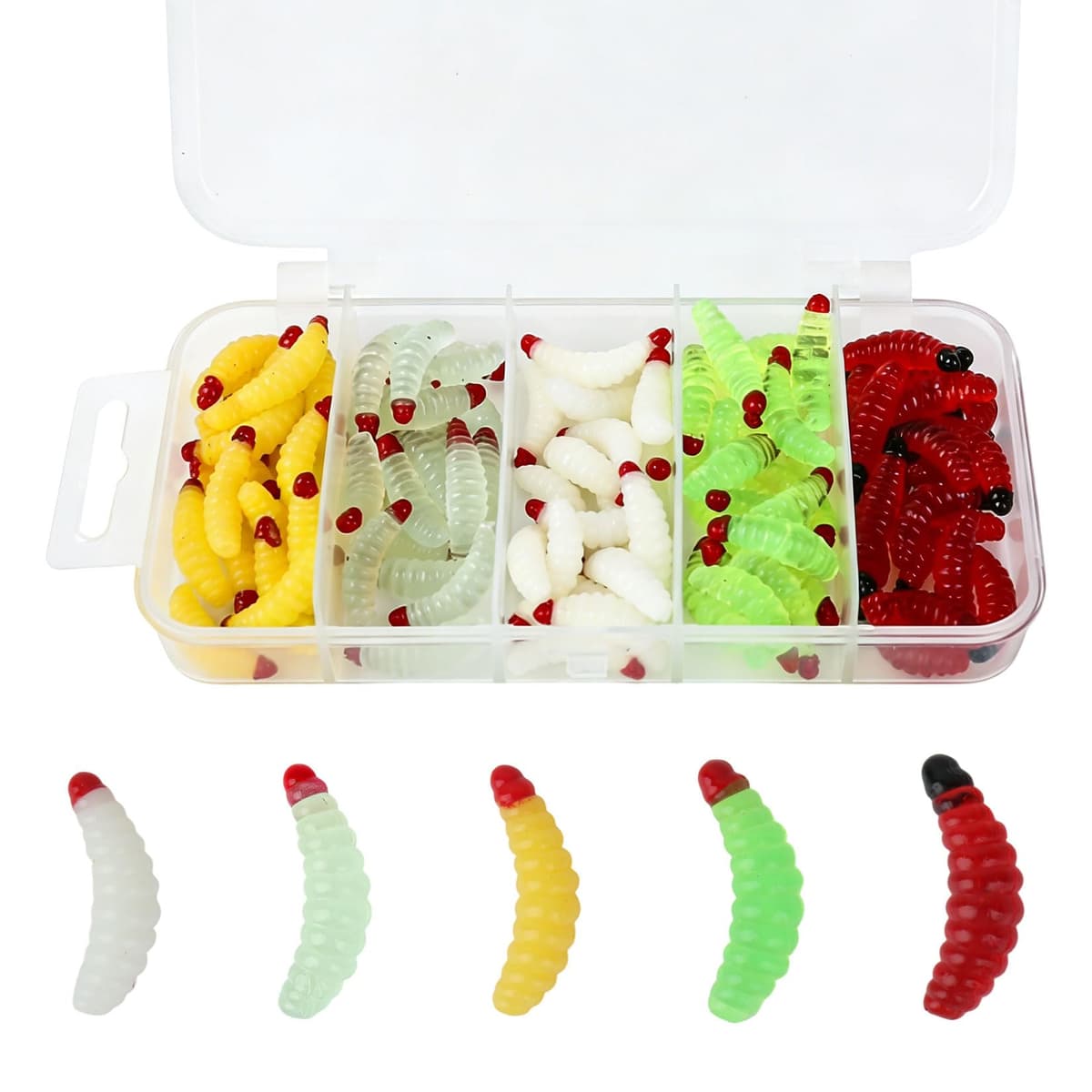 100 Pcs Kit de Señuelos de Pesca Suaves, Señuelos de PVC para Trucha, Perca y Lucioperca, Señuelo de Gusano de Blando para Cabezas Plomadas Estándar, Pesca de Lucio, Accesorios para Pescadores