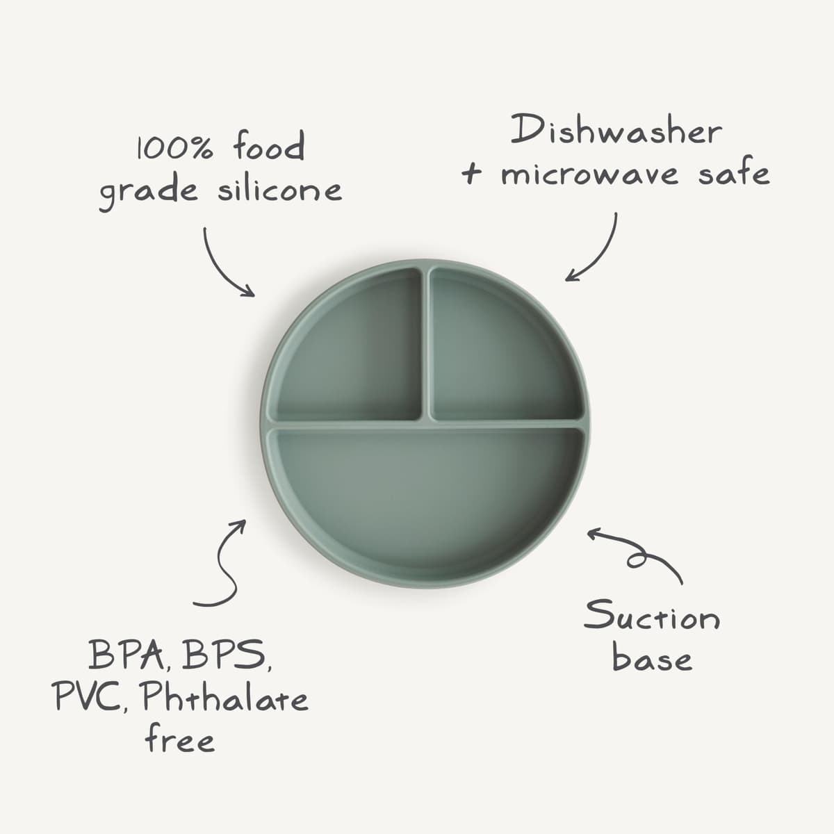 Mushie Silicone Suction Plate | Non-Slip Divided Plate for Babies & Toddlers | Food Grade Silicone | Dishwasher & Microwave Safe | Dried Thyme — view 8