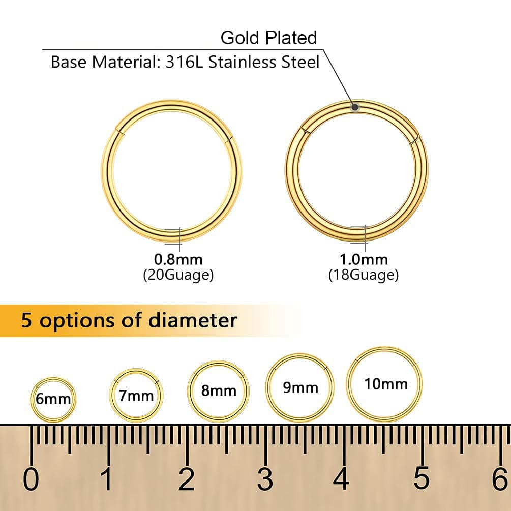 PROSTEEL Un Piercing Nariz Aro Septum Acero Quirurgico, Pendientes Nostril Labio Tragus con Calibre 20G / 18G Grosor, 6-10 mm Diámetro, Plateado/Dorado/Rosado/Negro — view 4