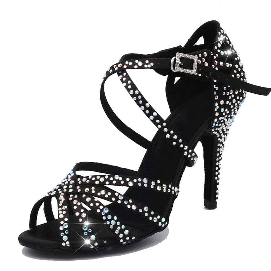 Sandalias de baile moderno latino con correa cruzada para mujer, con diamantes de imitación de tango social, bailes, Tacón marrón de 9 cm. — view 13