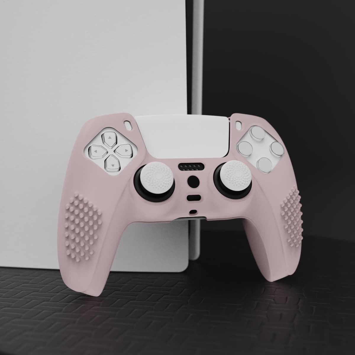 eXtremeRate PlayVital Cherry Blossoms Pink 3D Studded Edition Anti-slip Silicone Cover Skin for ps5 Controller, Soft Rubber Case for ps5 Wireless Controller with 6 White Thumb Grip Caps — view 3