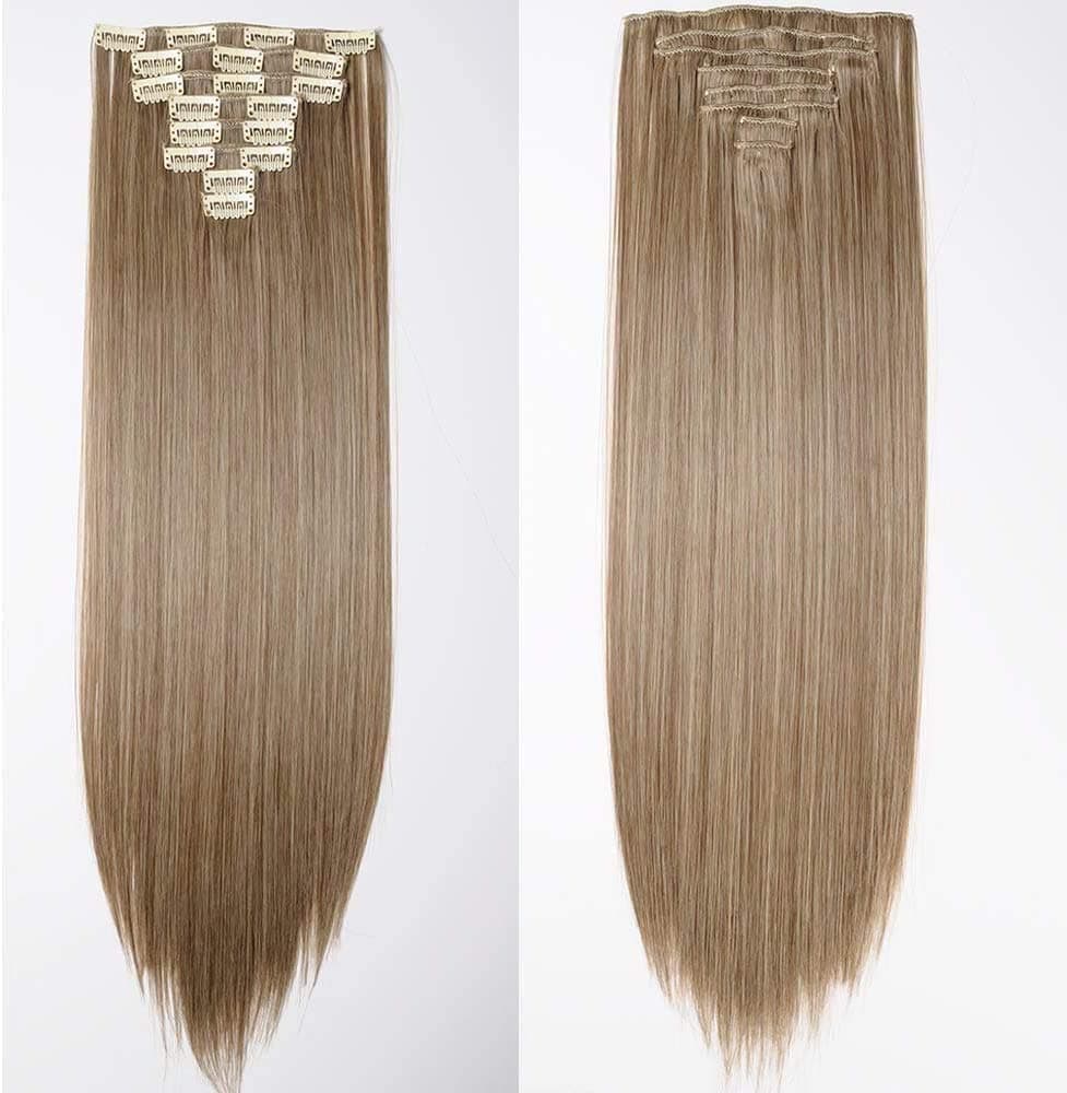 23"(58cm) SEGO Extensiones de Clip Pelo Sintético Se Ve Natural 8PCS [Arena Oscura mezcla Rubio Claro] Cabello Liso Largo Postizos Pelucas para Mujer (140g) — view 4
