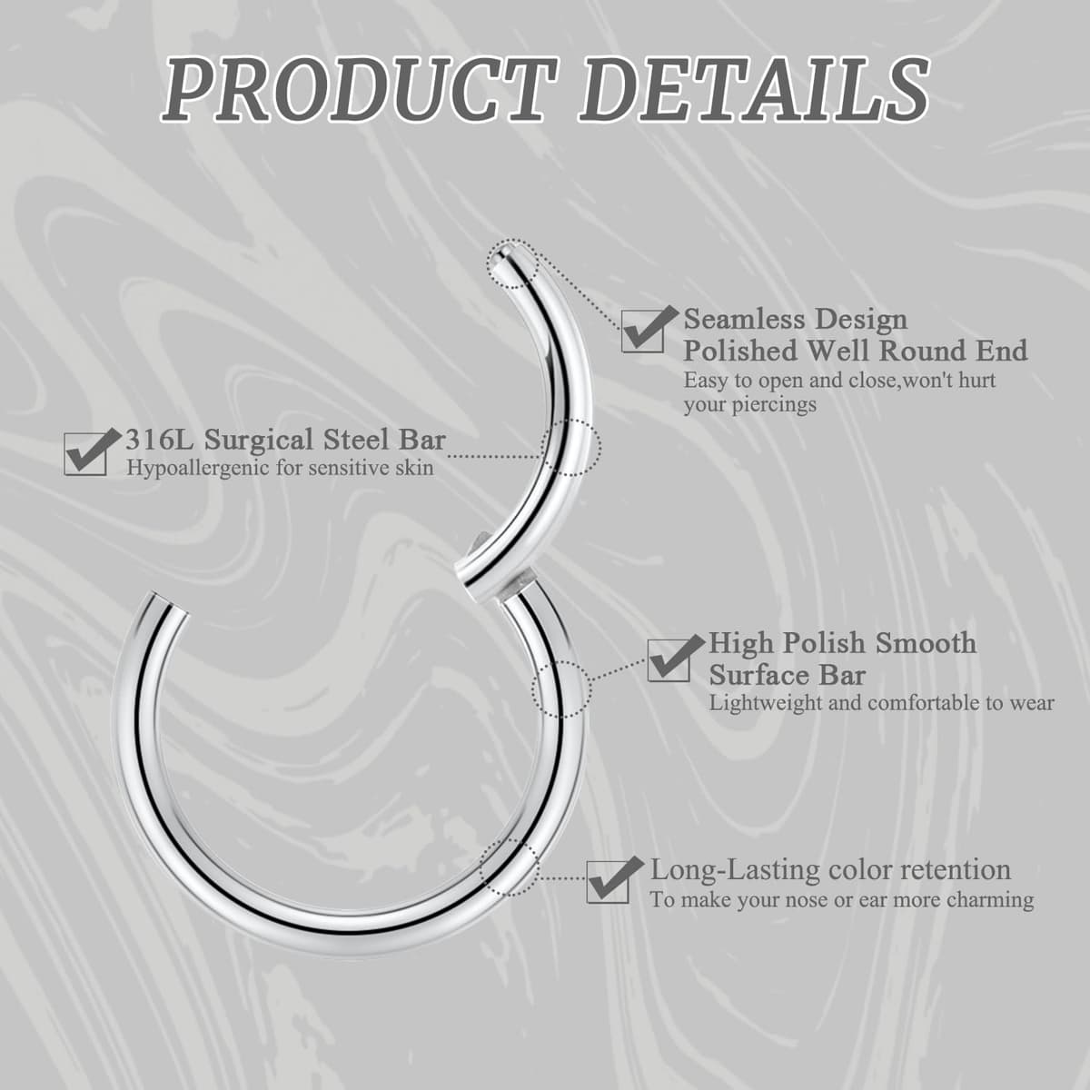 GAGABODY 2 Pcs Nose Rings 20G 18G 16G 14G 12G 10G 8G Surgical Steel Piercing Rings for Nose Septum Cartilage Helix Tragus Conch Rook Daith Lobe from 5mm to 16mm Seamless Hoop Unisex Hinged Earrings — view 3