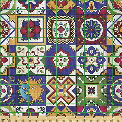 Lunarable Talavera Fabric by The Yard, Different Motif Square Tiles Print Sun and Moon Flowers Geometrical Items, Microfiber Fabric for Arts and Crafts Textiles & Decor, 2 Yards, Navy Green