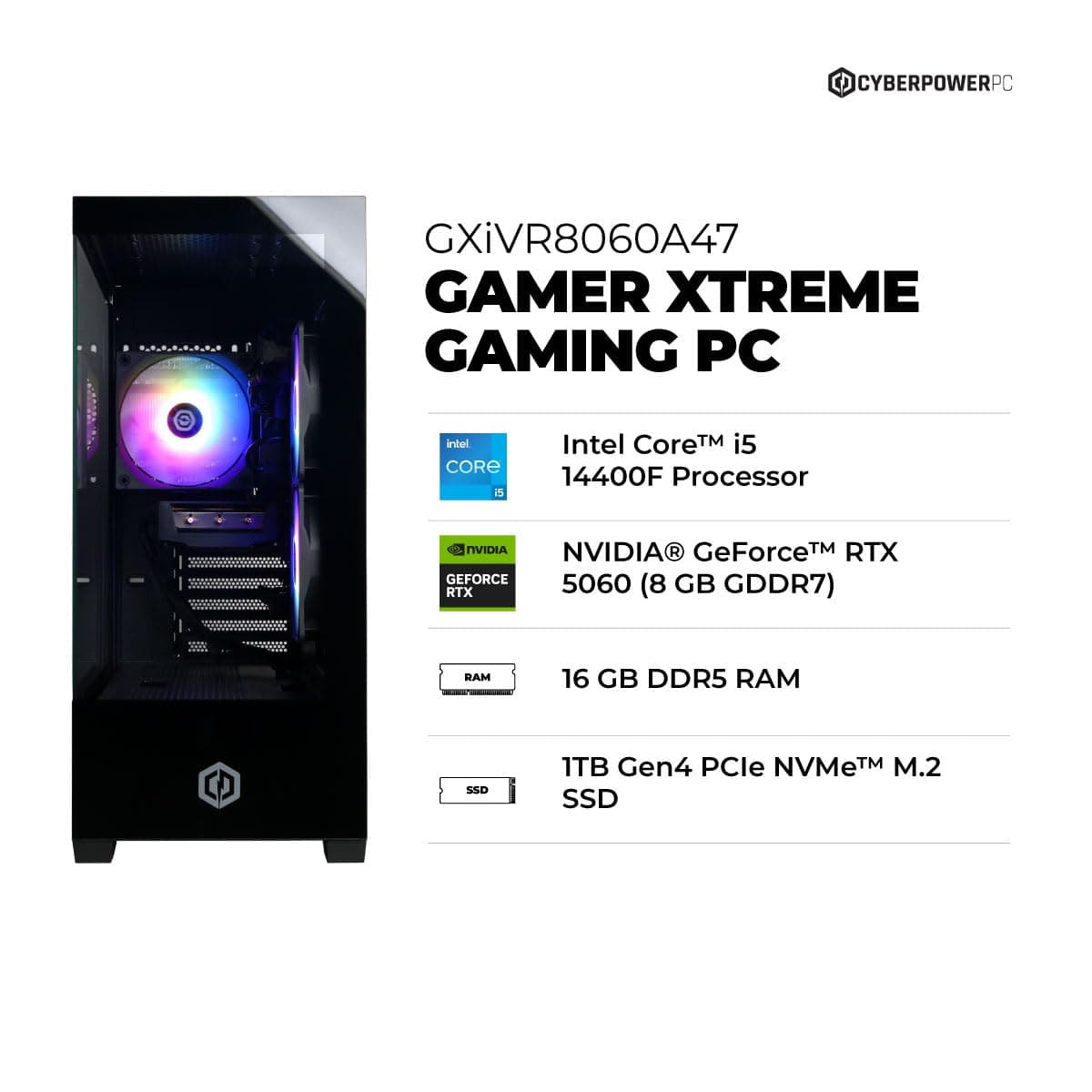 CyberPowerPC Gamer Xtreme Gaming PC, Intel Core i5-14400F 2.5GHz, GeForce RTX 5060 8GB, 16GB DDR5, 1TB PCIe 4.0 SSD, WiFi Ready & Windows 11 Home (GXiVR8060A47) — view 2