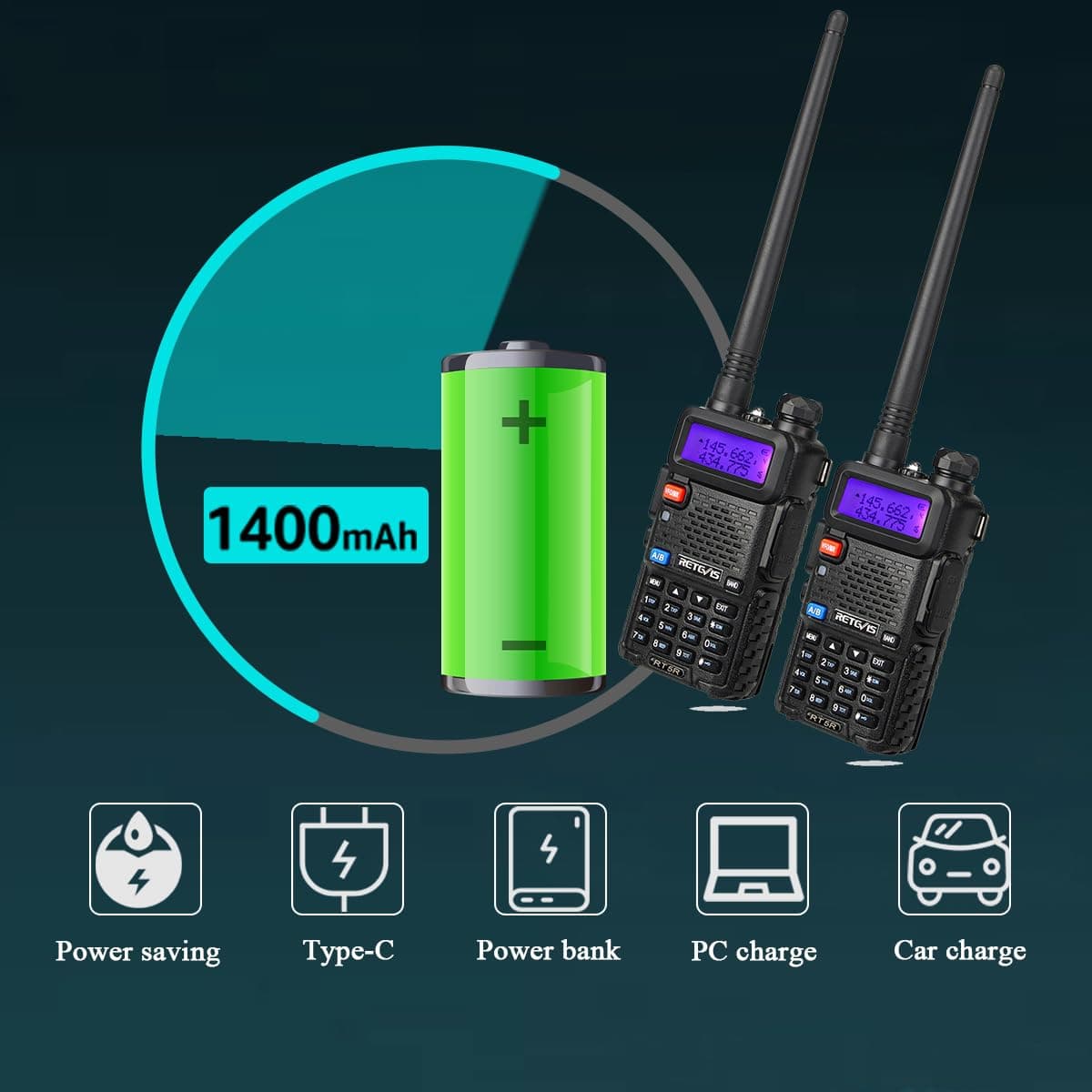Retevis RT5R Walkie Talkie, Emisora Caza, 128 Canales Walkie Talkie Largo Alcance, Linterna, Type-C, FM, Robusto Emisora Radioaficionado para Caza, Principiante, Ayuda de Emergencia(Negro, 2 Piezas) — view 5
