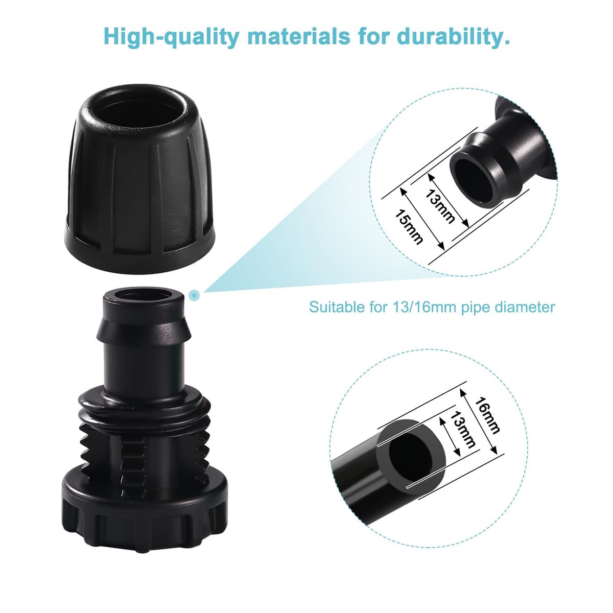 VooGenzek 10 Piezas Accesorios de Riego Tapones de Extremo para Tubos 16mm, Adaptador de Riego por Goteo, Conectores de Púas de Manguera para Sistemas de Riego, para Césped, Jardín (Negro) — view 3