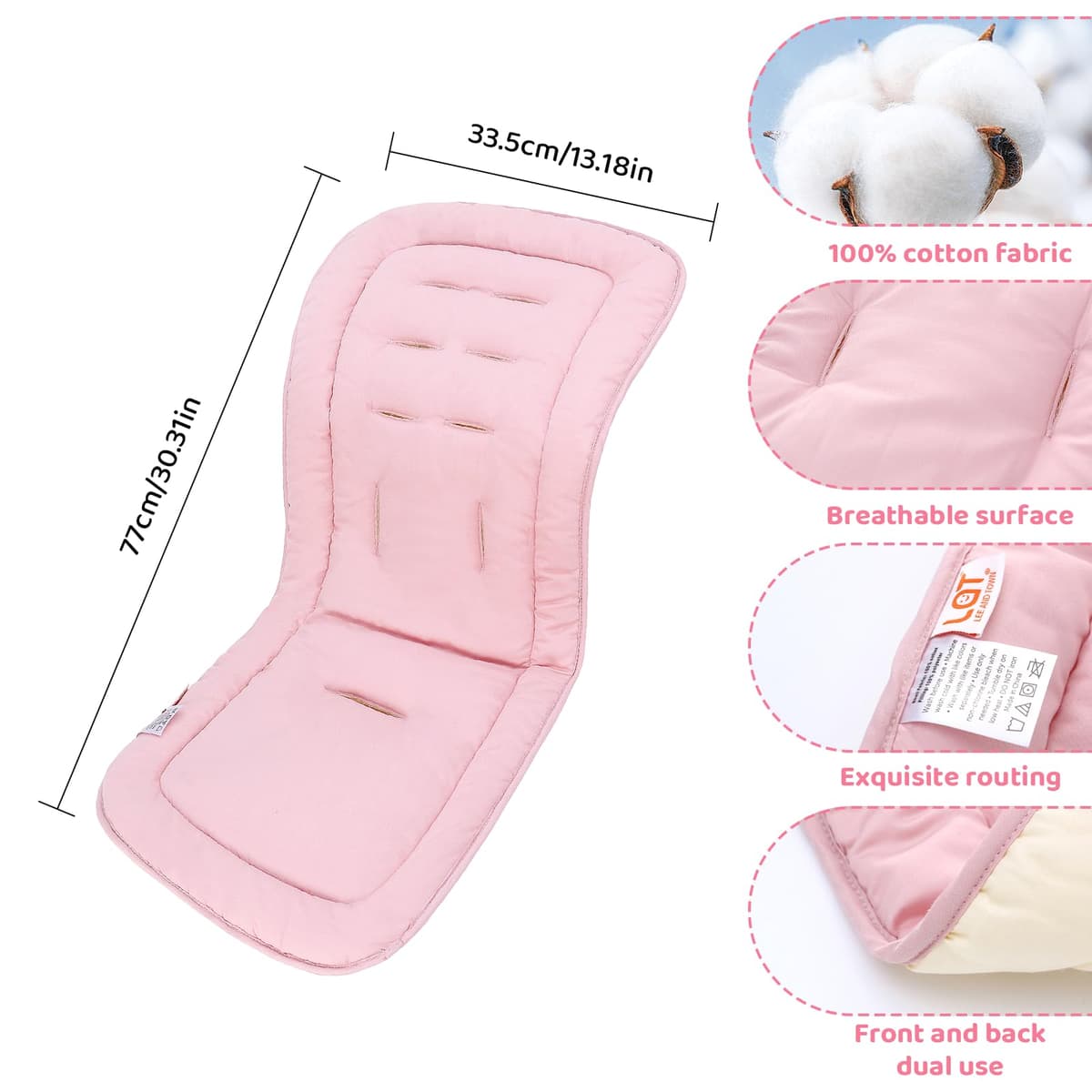 LAT Universal Pram Liner, Baby Pushchair Seat Liners, Cotton Double-Sided Use Baby Stroller Cushion Pad, Stroller Seat Pad for Toddler Infant 78x34cm (Beige+Pink) — view 4