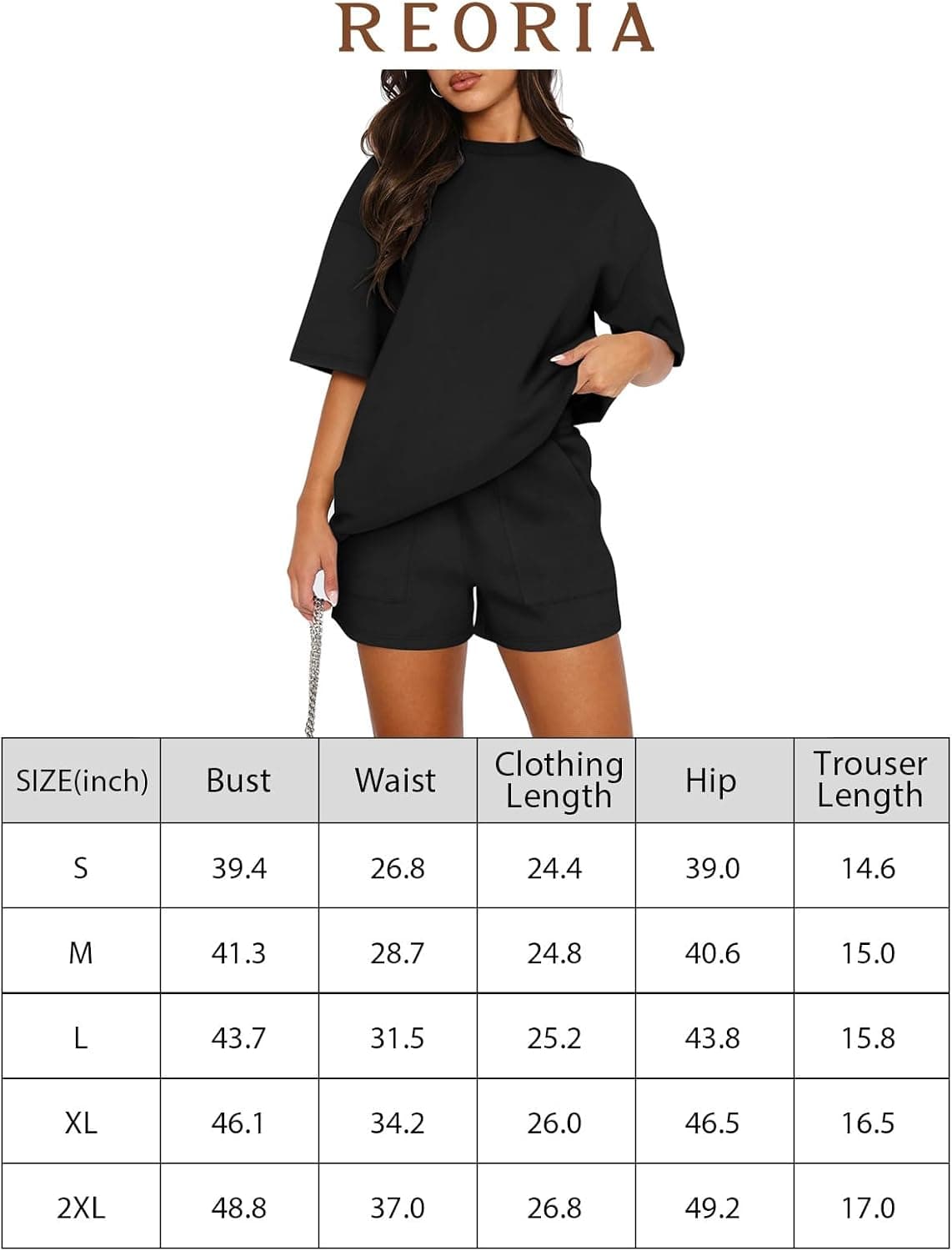 REORIA Women's Tracksuit Short Sleeve Crew Neck Plain Two Piece Leisure Suit Loungewear Outfit Jogger Tracksuit Set Black S — view 5