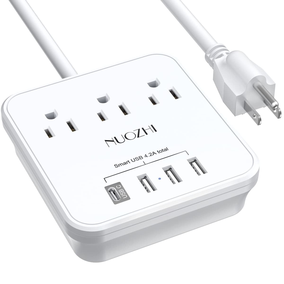 Cruise Essentials, NUOZHI 6 Ft Power Strip with 3 Outlets and 4 USB Ports(1 USB C), Non Surge Protector for Cruise Ship, Travel, Home Office, ETL Listed, White 6 Ft White