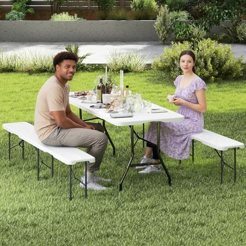 6 FT White Picnic Folding Table Set with 2 Benches, Portable Patio Dining Sets for Backyard, Lawn, Event, Party, Camping — view 6