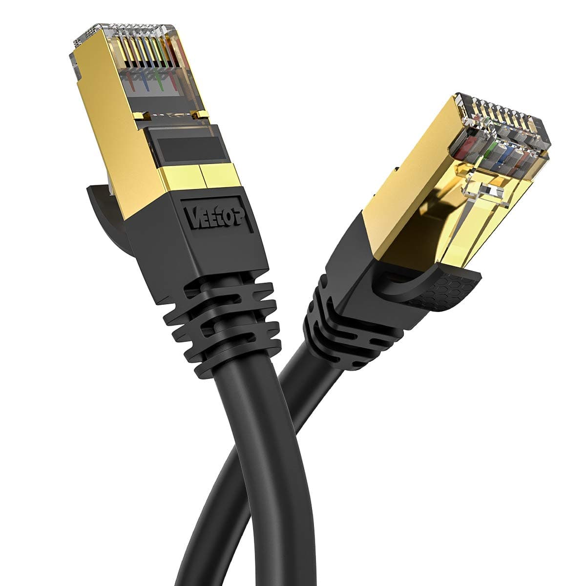 VEEtOP Cable Ethernet Cat 8 de Red con Conectores rj45 Oro para 40 Gigabit Internet LAN 0,5m Negro