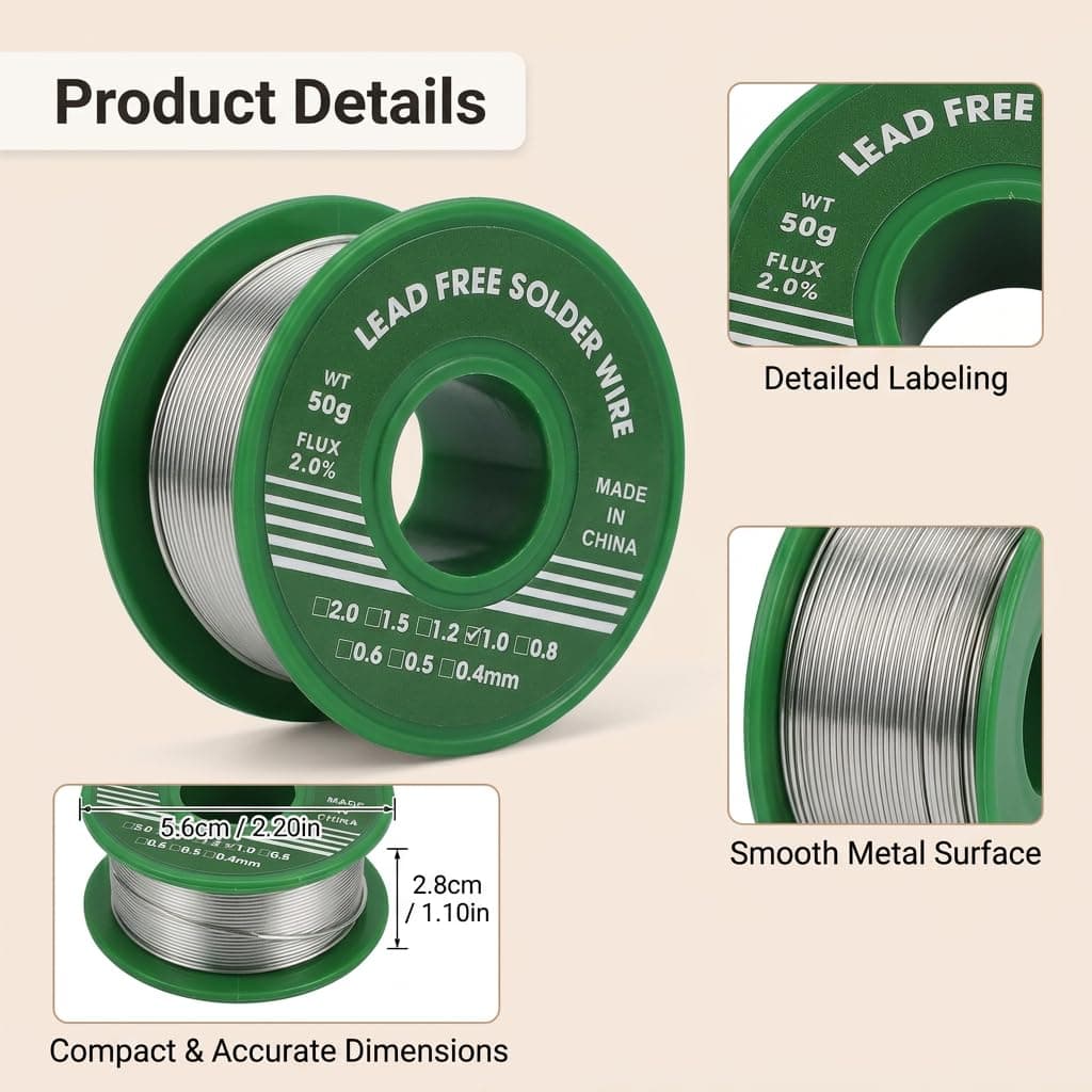 Alambre de Soldadura sin Plomo 1mm 50g Sn99.3% Cu0.7%, Estaño para Soldar con Núcleo de Colofonia 2% Flux, Hilo Estaño Soldadura para Electrónica PCB, Reparación de Cables y Proyectos DIY — view 5