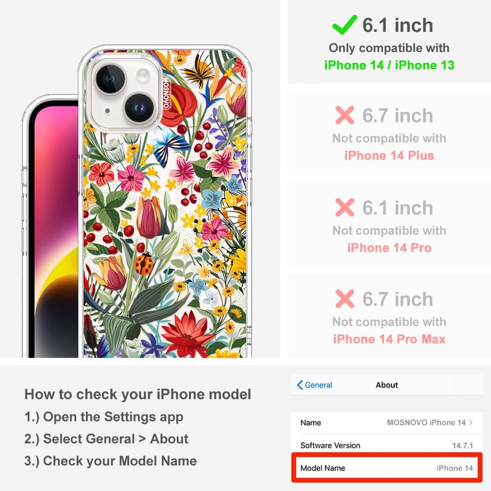 MOSNOVO Case for iPhone 13/14, [Buffertech 6.6ft Military-Grade Drop Protection] [Anti Peel Off Tech] Clear TPU Bumper Phone Case Cover Design - In The Garden — view 2