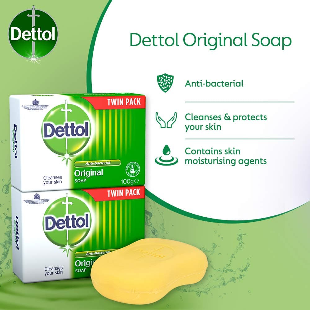 Dettol Soap, Original Antibacterial Bar, 2 Pack (100g x 2) Disinfectant, Soft on Skin, Tough on Dirt, Suitable for Everyday Use, Contains Skins Moisturising Agents, Kills 99.9 Percent of bacteria — view 5