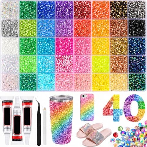 40000Pcs 40 Colors DIY Resin Jelly Rhinestones Bedazzling Kit 3mm Small, Rhinestone Kit for Bedazzling Flatback Gems, for Clothes Nail Book Diamond Art, with 3pcs Jewelry Glues (40 Color)