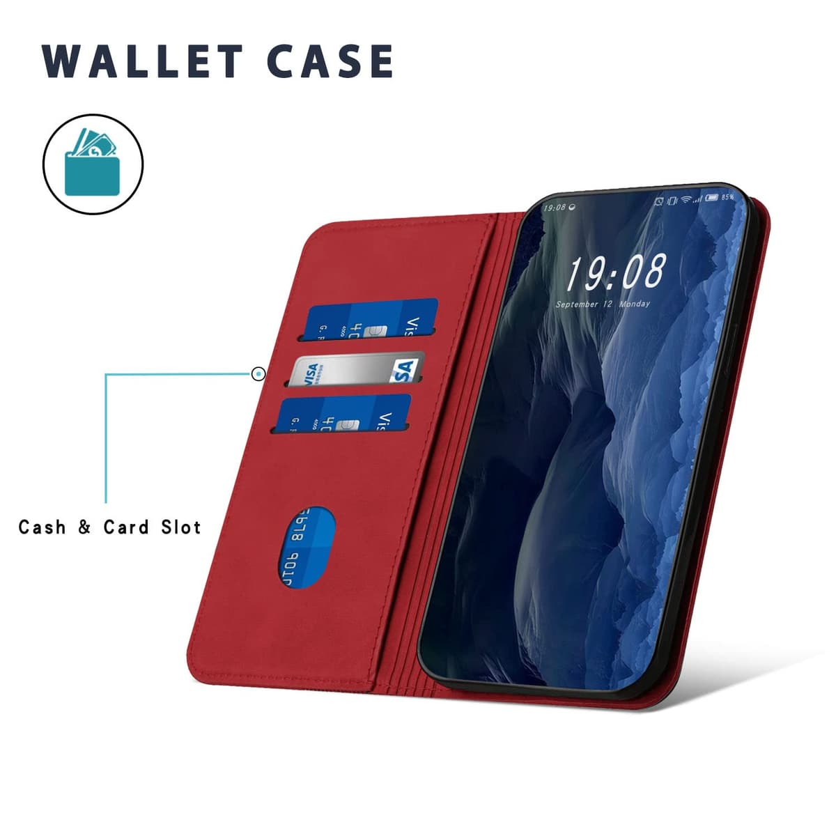 Case Compatible with Xiaomi Redmi Note 7 / Redmi Note 7 Pro, Premium PU Leather Wallet Case with [Card Slots], Shockproof Flip Cover for Xiaomi Redmi Note 7 / Redmi Note 7 Pro (Red) — view 4