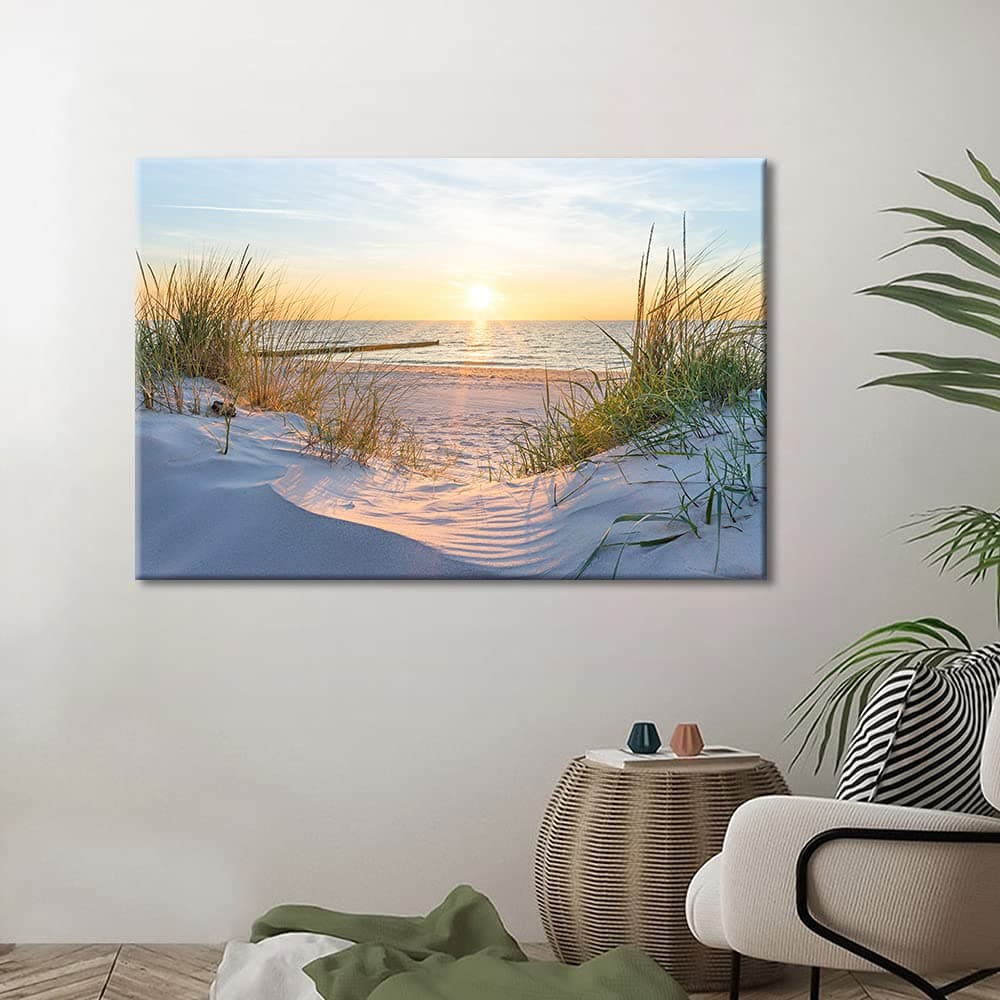 TISHIRON Wall Art Sandy Beach Sunrise Pictures Painting on Canvas Wall Art Modern Framed Seaside Canvas Prints Ready To Hang(36X24in) — view 3