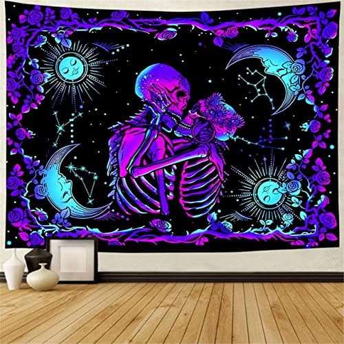 Jation Tapestry UV Light Reactive Skull Kiss Gothic Wall Hanging Art for Home Headboard Bedroom Living Room Dorm Decor in 150 * 130cm — view 3