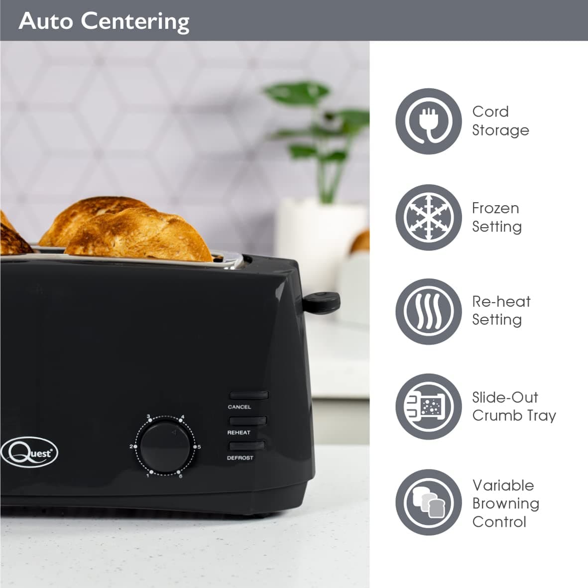 Quest 4 Slice Toaster Black - Extra Wide Long Slots for Crumpets and Bagels - 6 Settings - Reheat and Defrost — view 6