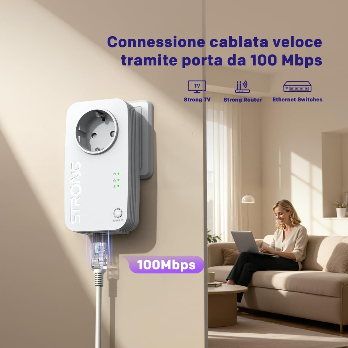 Strong AV600 Adaptador Powerline Set con Enchufe, PLC HomePlug AV2, Sin WiFi, Plug & Play, Enchufe Integrado, Modo de Ahorro de Energía, Puertos LAN 100 Mbit/s, Internet por Red Electrica (PL600S) — view 4