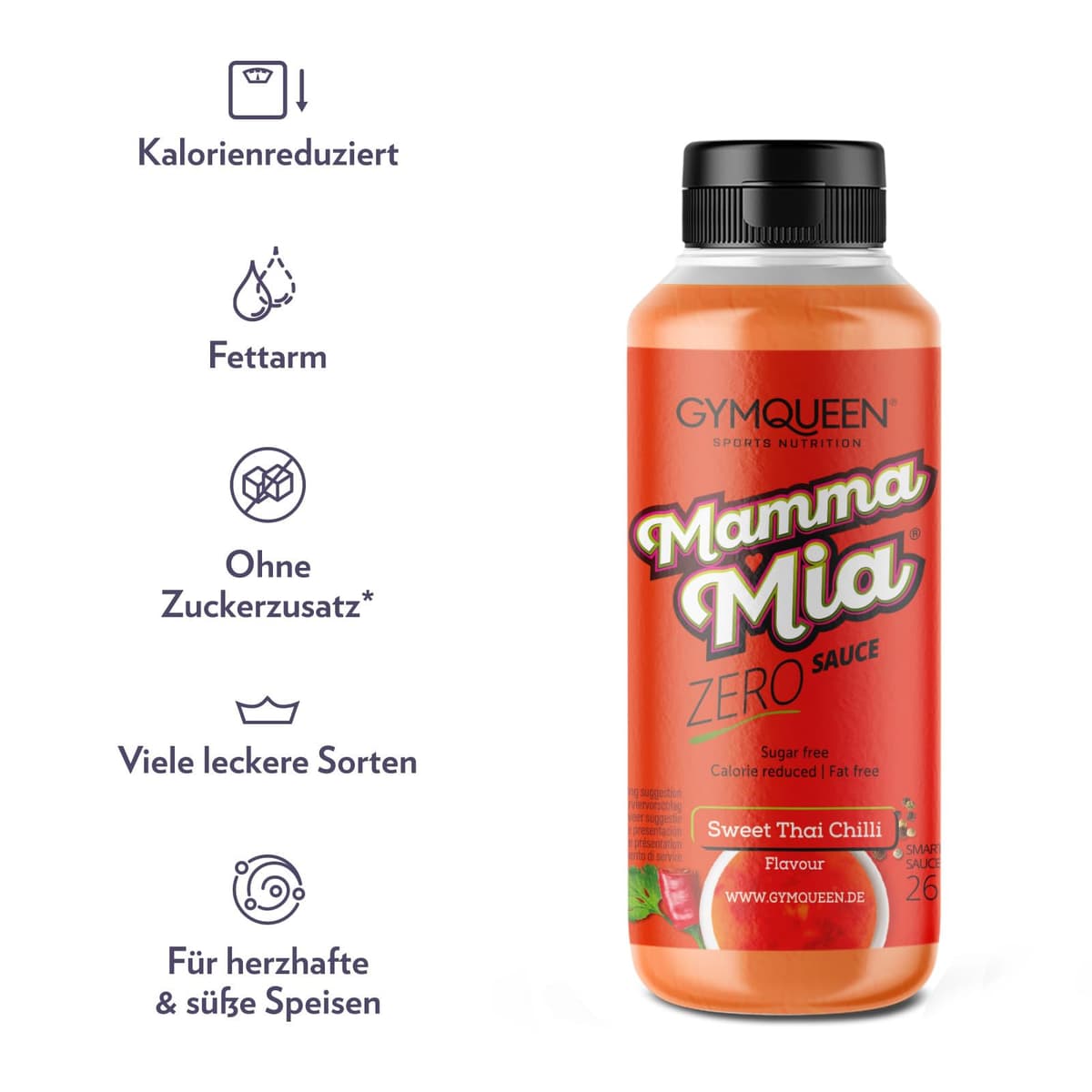 GymQueen Mamma Mia Zero Sauce, reducida en calorías, sin grasas ni azúcares añadidos, para refinar platos o como aderezo de ensaladas, vegetariana, Chili Dulce Tailandés — view 2