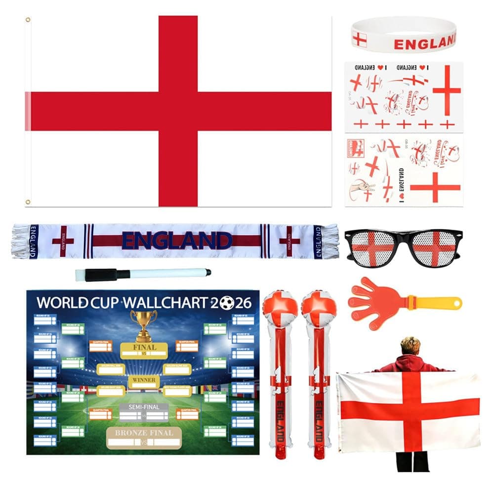 World Cup 2026 England Fan Pack, 11PCS Football Fan Equipment Set with England Flag, Glasses, Clappers, Wristbands & Face Sticker, 2026 World Cup Soccer Match Cheer Kit for Sports Event