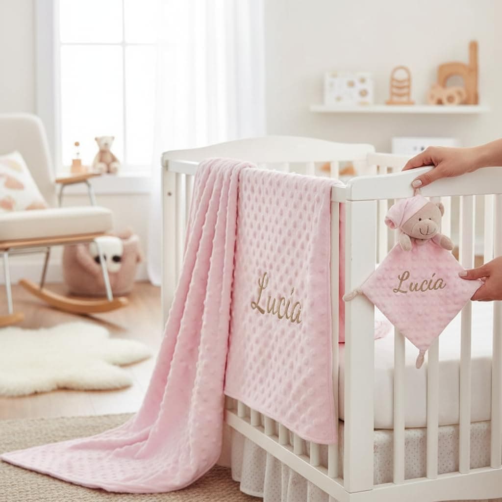 various Set Personalizada Manta + Dou Dou Bordado Bebe Recien Nacido Padres Primerizos Manta Suave Minky Poliester Cuna Coche Nina Nino Nombre Bordado Detalle Tierno Color Rosa — view 5