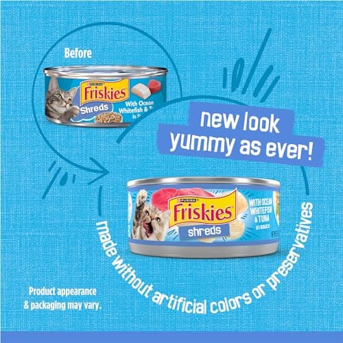 Purina Friskies Wet Cat Food, Shreds With Ocean Whitefish & Tuna in Sauce - 5.5 oz. Cans (Pack of 24)