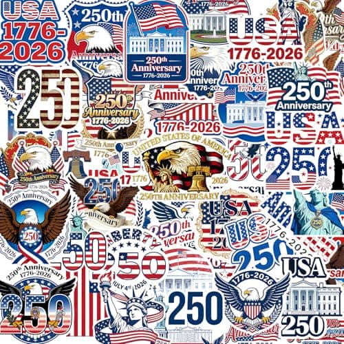 50Pcs 250th Anniversary Sticker 250 Years of Freedom Anniversary Waterproof Vinyl Decals for Laptop,Water Bottle, Phone, Luggage,Car