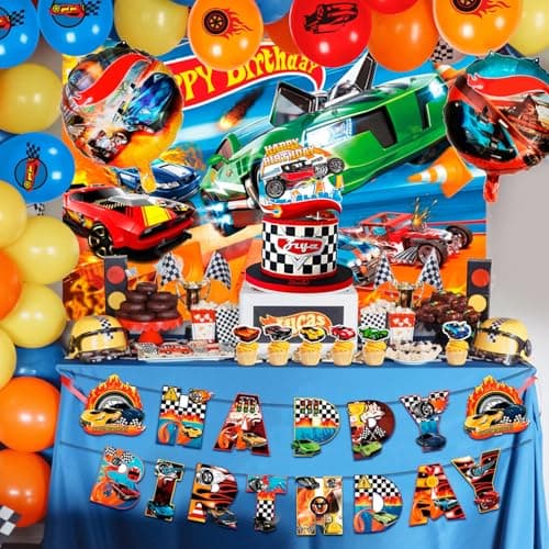 10 Guests Racing Birthday Party Tableware, Hot Car Party Plates Napkins Wheels Balloons Banner Backdrop Cake Toppers etc for Racing Hot Car Birthday Party Decorations Supplies — view 3